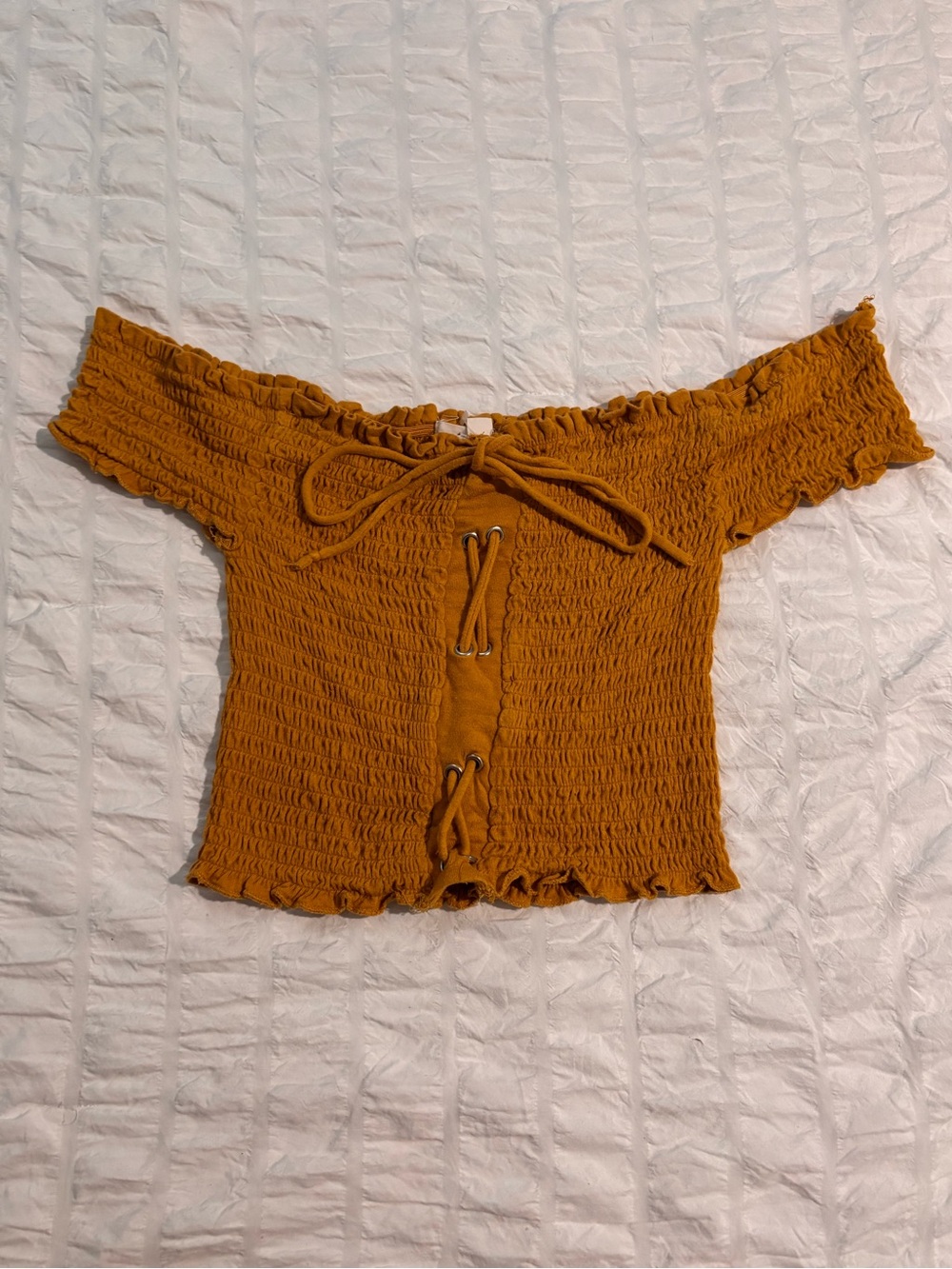 Mustard Yellow Smocked Off Shoulder Lace-Up Ruffle Top